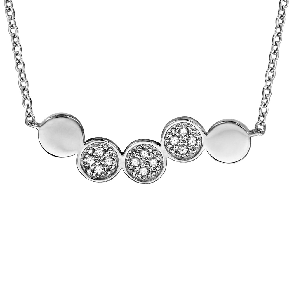Collier en argent rhodi� cha�ne avec au milieu 5 ronds lisses et pav� d\'oxydes blancs sertis - longueur 42cm + 3cm de rallonge - Vue 1