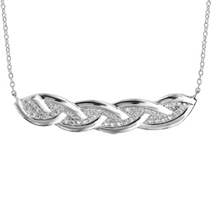 Collier en argent rhodié chaîne avec au milieu tresse avec bords lisses et intérieur pavé d\'oxydes blancs sertis - longueur 40cm + 4cm de rallonge - Vue 1