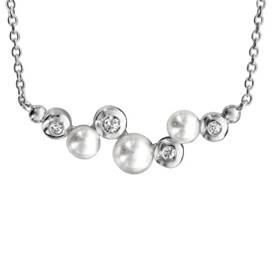 Collier en argent rhodi chane avec barrette d\'oxydes blancs sertis clos et perles blanches 42cm + 3cm - Vue 1