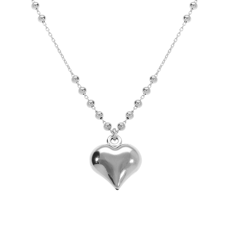 Collier en argent rhodi� cha�ne avec boules avec pendentif coeur bomb� 42+3cm - Vue 1