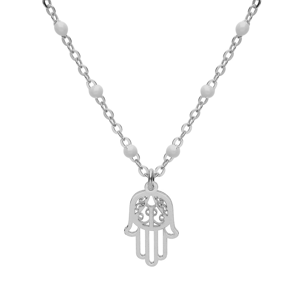 Collier en argent rhodi� cha�ne avec boules couleur blanche avec main de Fatma 40+5cm - Vue 1