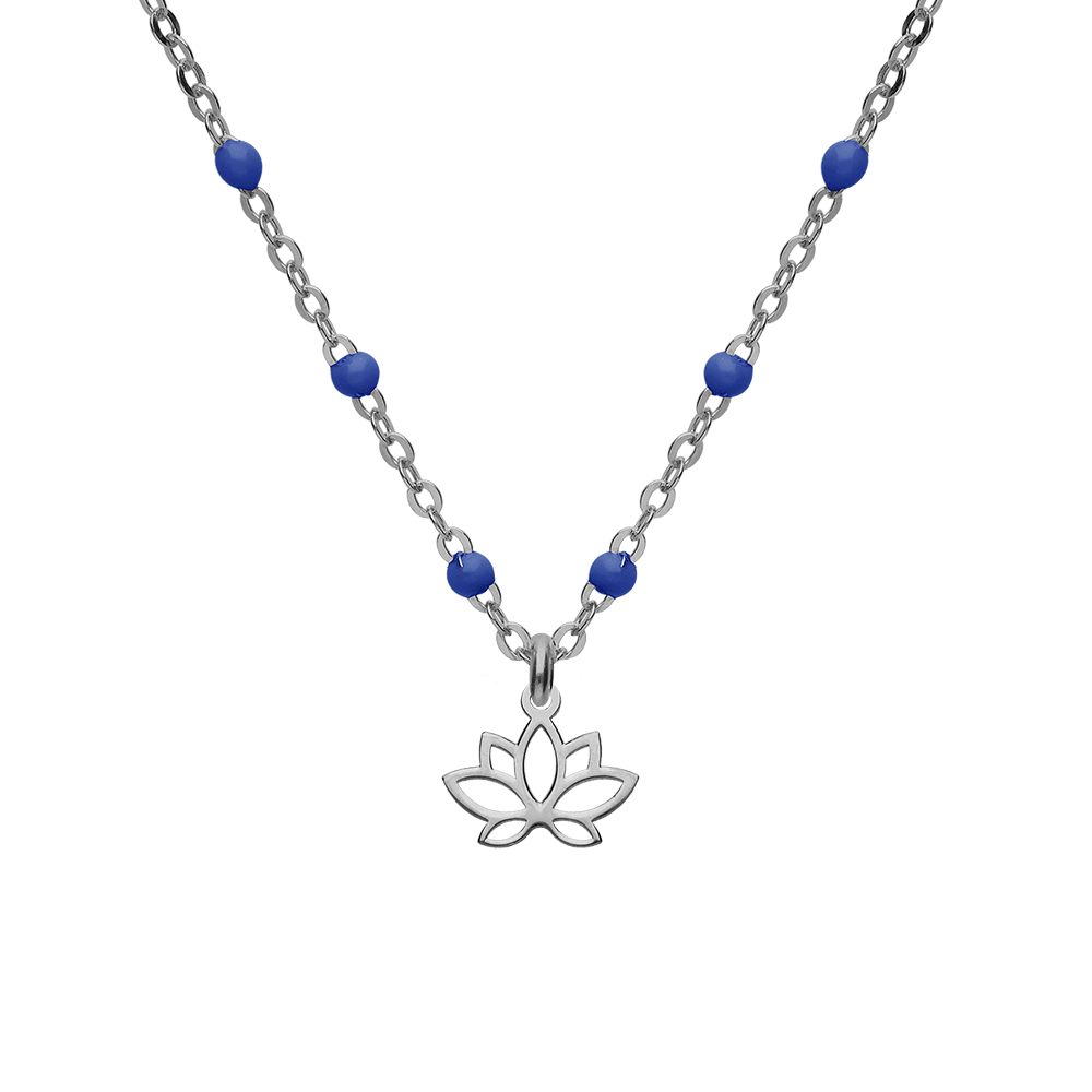 Collier en argent rhodi� cha�ne avec boules couleur bleu avec pendentif fleur de lotus 40+5cm - Vue 1