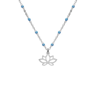 Collier en argent rhodié chaîne avec boules couleur bleu avec pendentif fleur de lotus 40+5cm - Vue 1