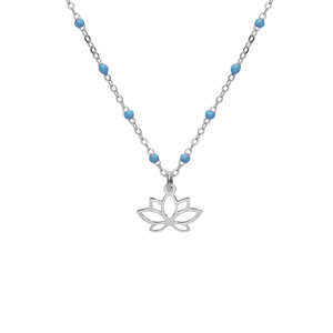 Collier en argent rhodi chane avec boules couleur bleu avec pendentif fleur de lotus 40+5cm - Vue 1