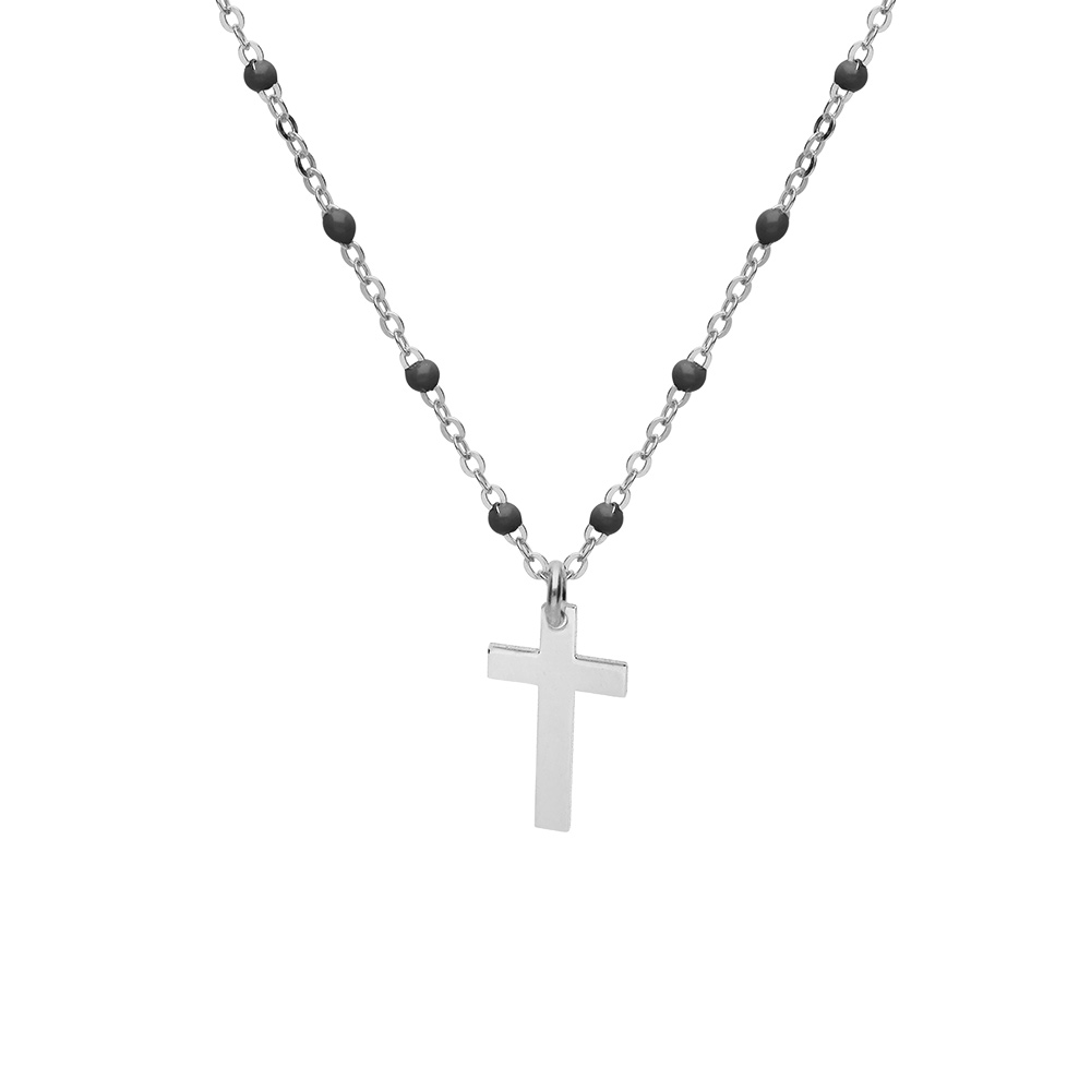 Collier en argent rhodi� cha�ne avec boules couleur noire avec pendentif croix 40+5cm - Vue 1