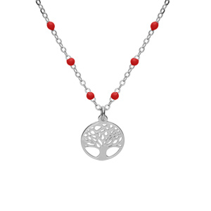 Collier en argent rhodi chane avec boules couleur rouge avec pendentif arbre de vie 40+5cm - Vue 1
