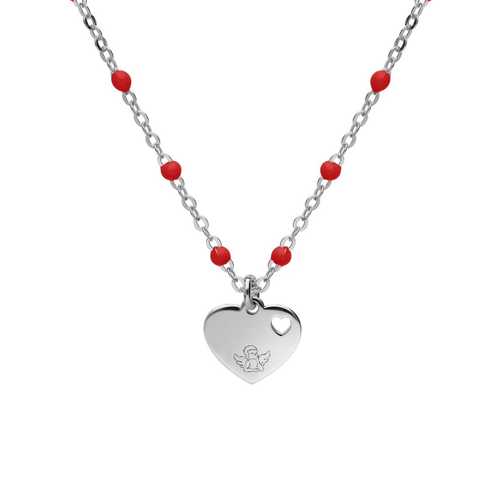 Collier en argent rhodi� cha�ne avec boules couleur rouge avec pendentif coeur 40+5cm - Vue 1