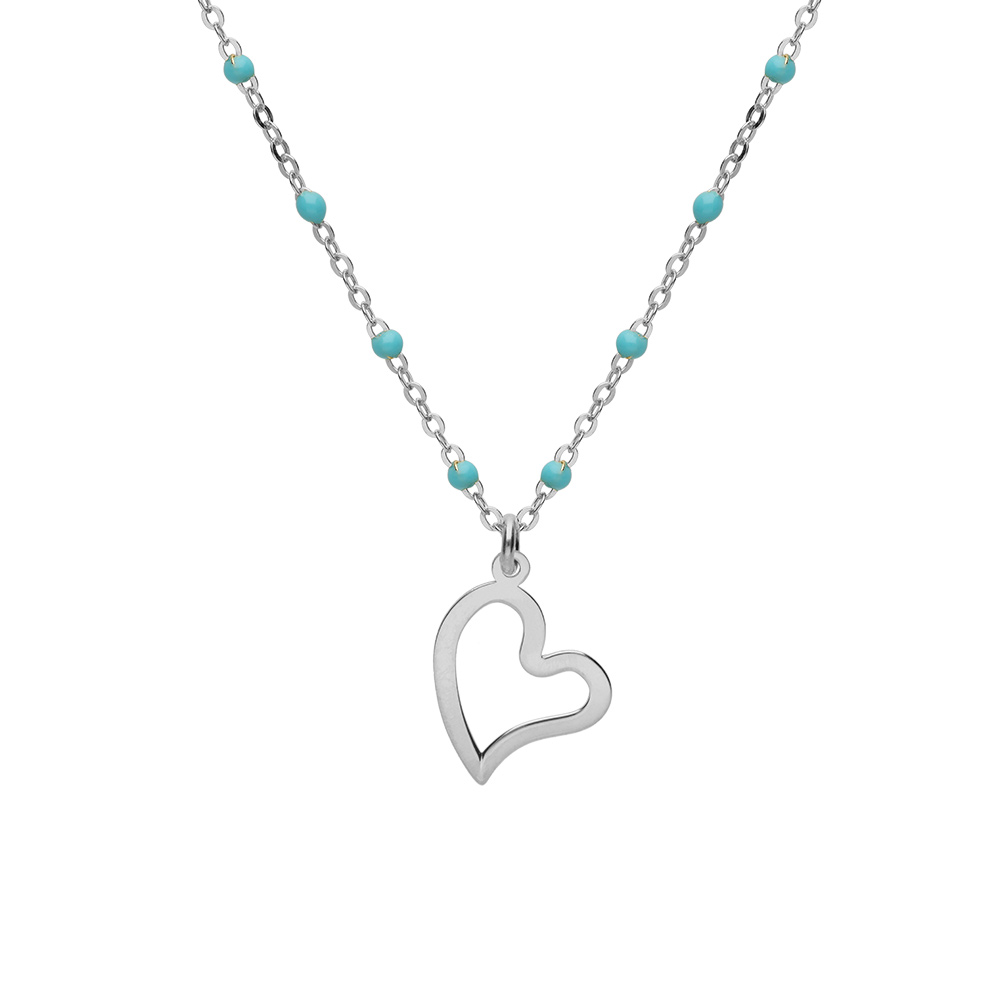 Collier en argent rhodi� cha�ne avec boules couleur turquoise avec pampille coeur 40+5cm - Vue 1