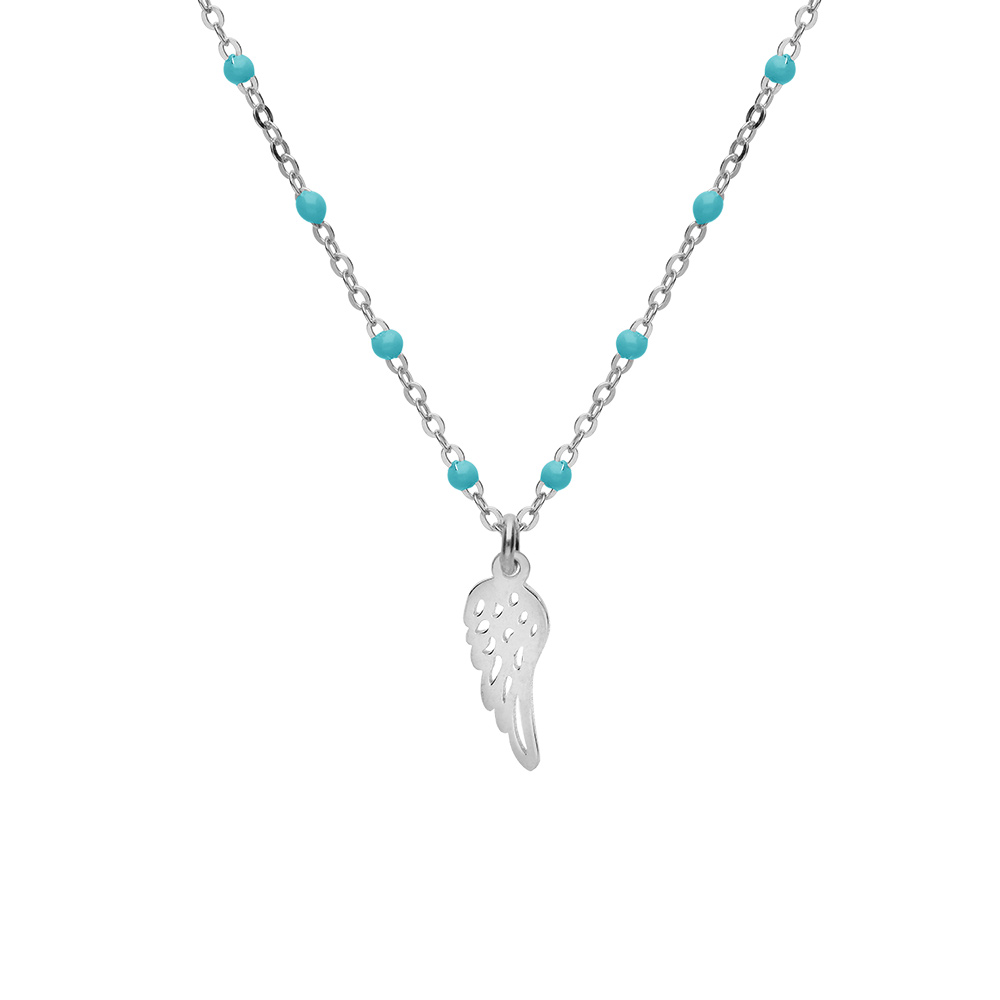 Collier en argent rhodi� cha�ne avec boules couleur turquoise avec pendentif plume 40+5cm - Vue 1