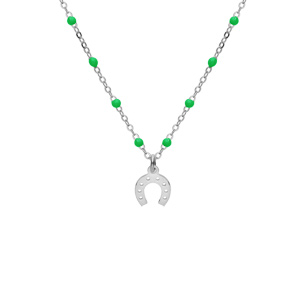 Collier en argent rhodié chaîne avec boules couleur verte avec pendentif fer à cheval 40+5cm - Vue 1