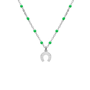 Collier en argent rhodi chane avec boules couleur verte avec pendentif fer  cheval 40+5cm - Vue 1