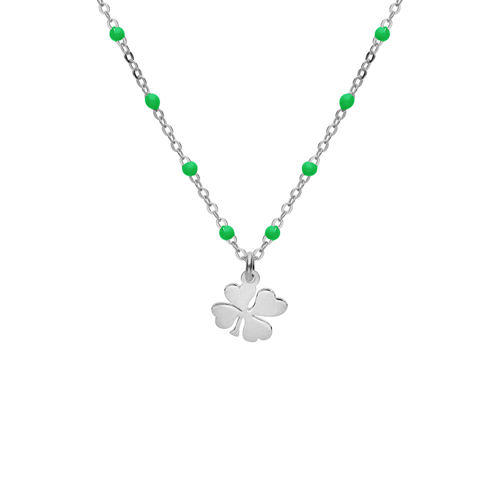 Collier en argent rhodi� cha�ne avec boules couleur verte avec pendentif tr�fles 40+5cm - Vue 1