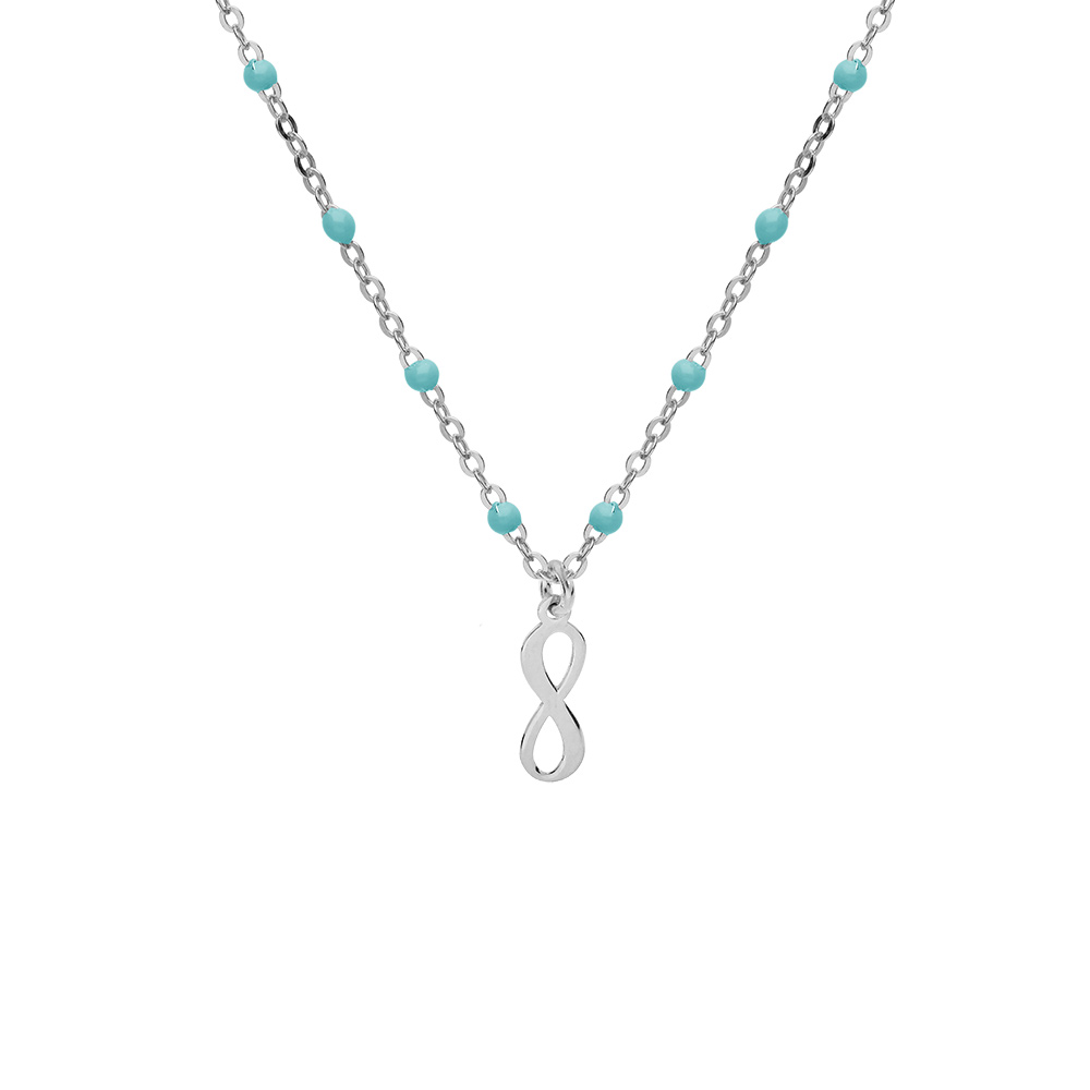 Collier en argent rhodi� cha�ne avec boules de couleur turquoise et motif infini 40+5cm - Vue 1