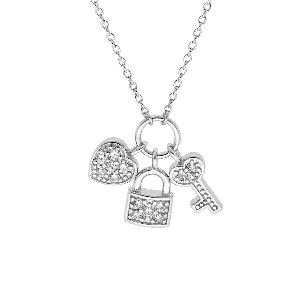 Collier en argent rhodi� cha�ne avec breloques cadenas coeur clefs oxydes blancs 42+3cm - Vue 1