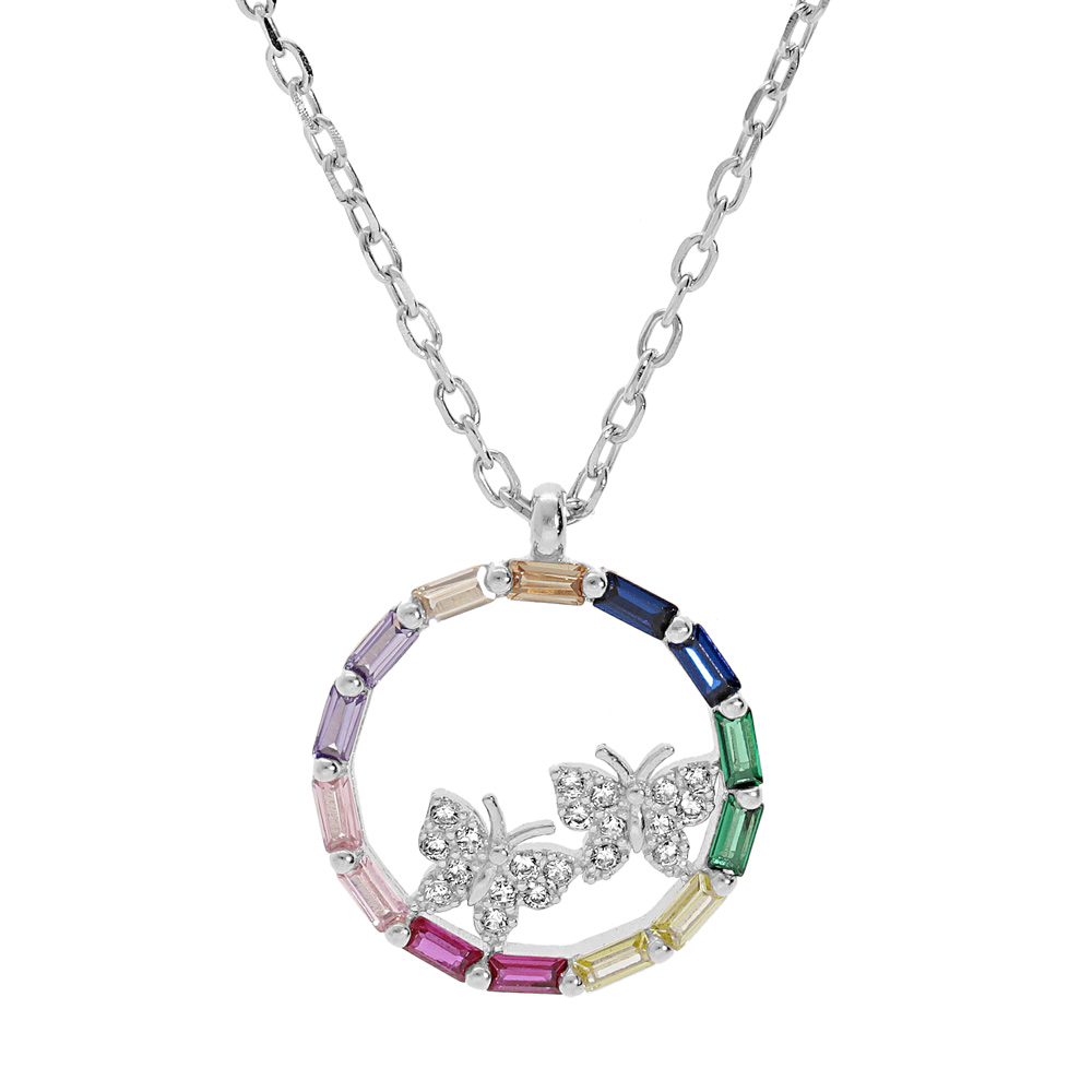 Collier en argent rhodi� cha�ne avec cercle de pierres multicouleurs et papillons oxydes blancs sertis 41+2,5cm - Vue 1