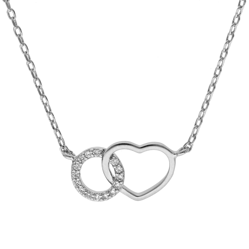 Collier en argent rhodi� cha�ne avec cercle pav� d\'oxydes blancs sertis entrelac� avec coeur lisse 40+5cm - Vue 1