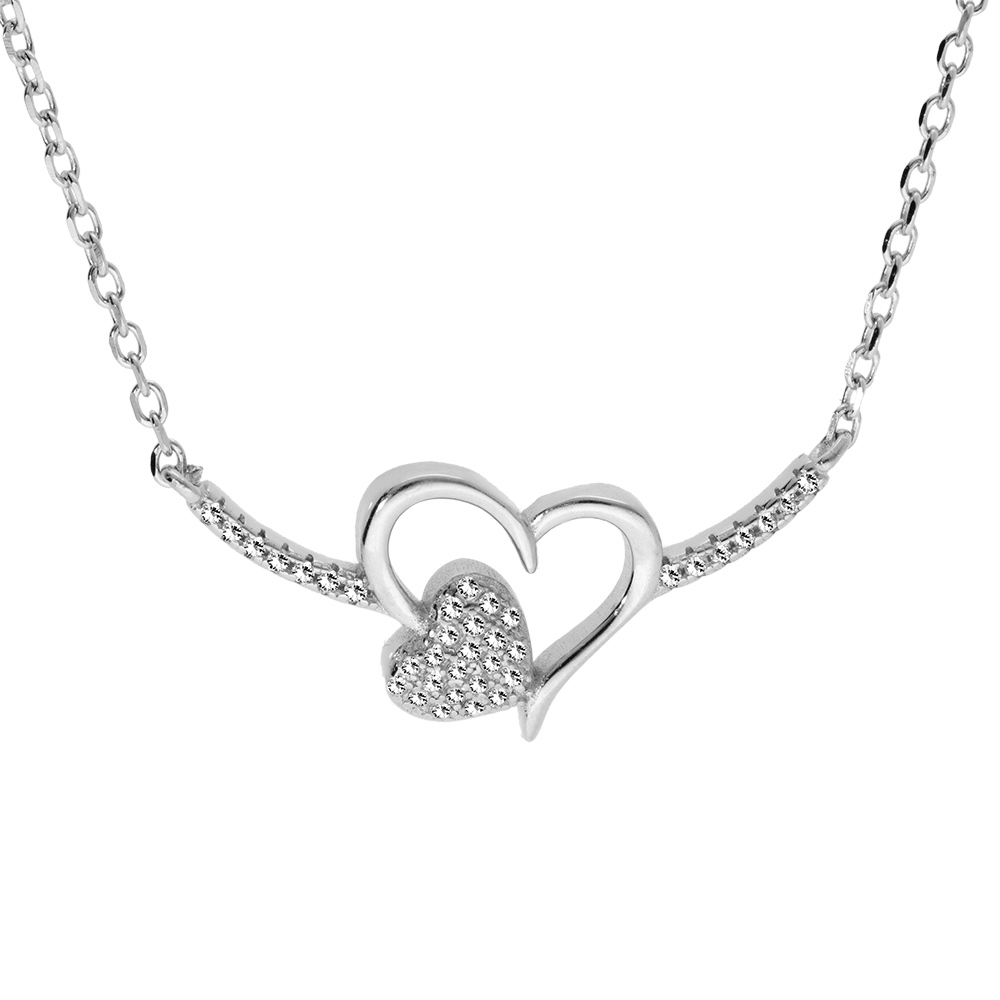 Collier en argent rhodi� cha�ne avec coeur �vid� et coeur pav� d\'oxyde blanc longueur 42+3cm - Vue 1