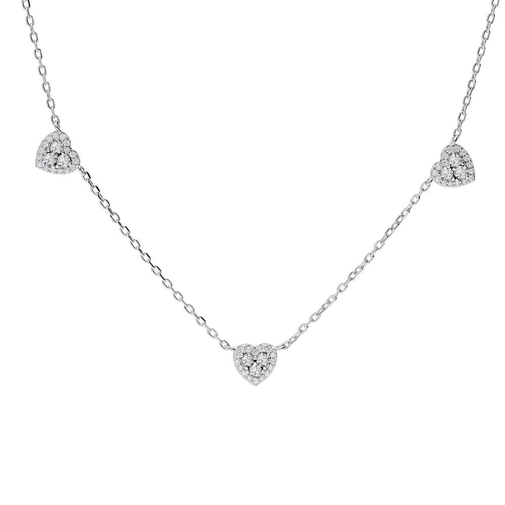 Collier en argent rhodi� cha�ne avec coeurs oxydes blancs sertis 42+3cm - Vue 1