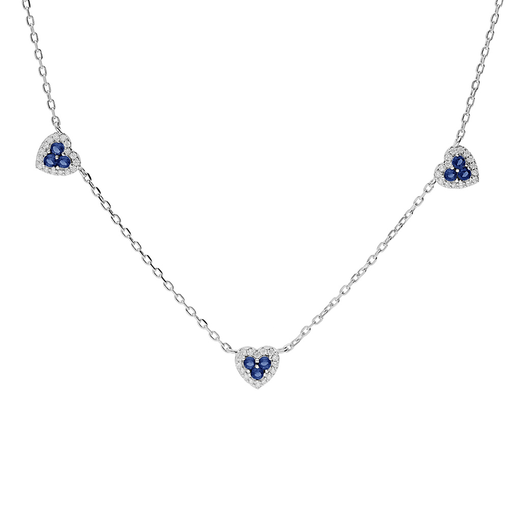 Collier en argent rhodi� cha�ne avec coeurs oxydes bleus et blancs sertis 42+3cm - Vue 1