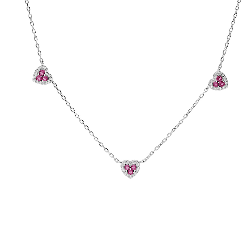 Collier en argent rhodi� cha�ne avec coeurs oxydes rouges et blancs sertis 42+3cm - Vue 1