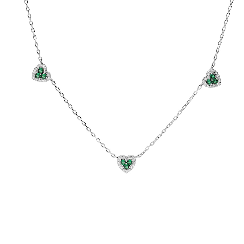 Collier en argent rhodi� cha�ne avec coeurs oxydes verts et blancs sertis 42+3cm - Vue 1