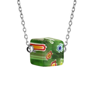 Collier en argent rhodié chaîne avec cube en verre vert - longueur 42+3cm - Vue 1