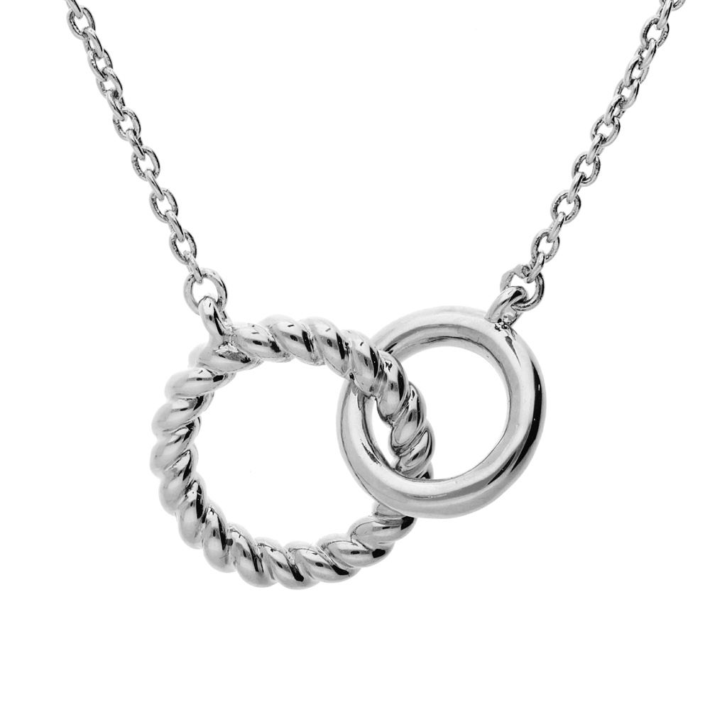 Collier en argent rhodi� cha�ne avec double anneaux entremel�s lisse et torsade 40+4cm - Vue 1