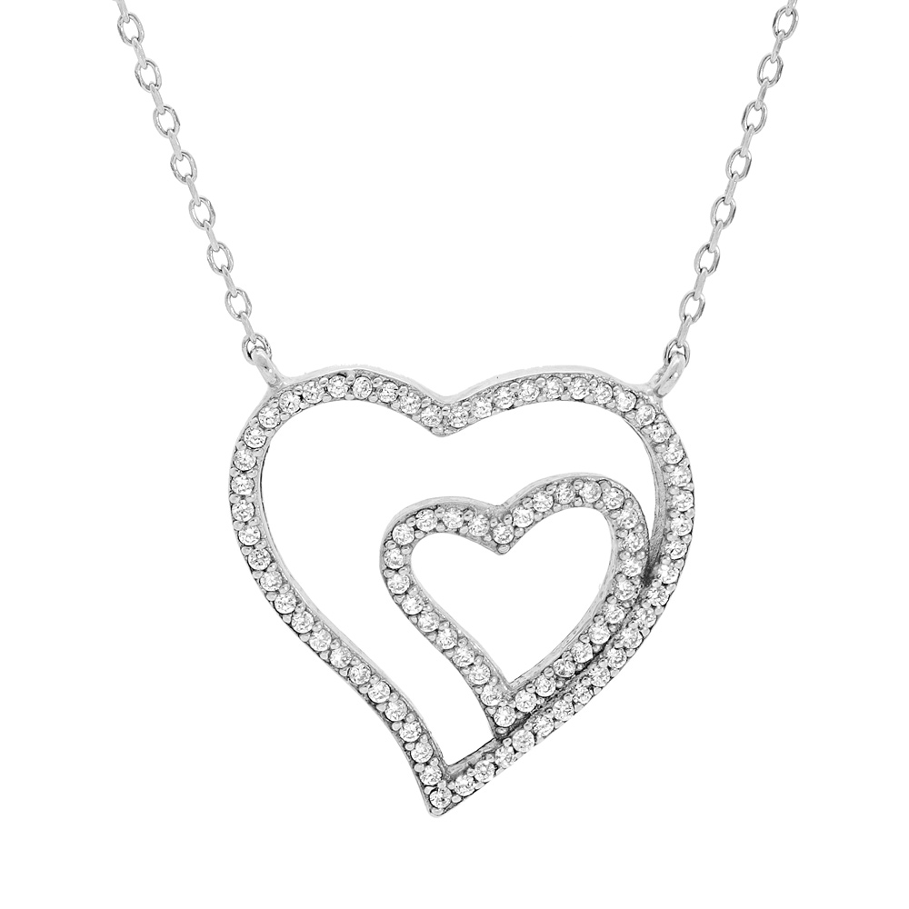 Collier en argent rhodi� cha�ne avec double coeur et oxydes blancs sertis 41+2cm - Vue 1