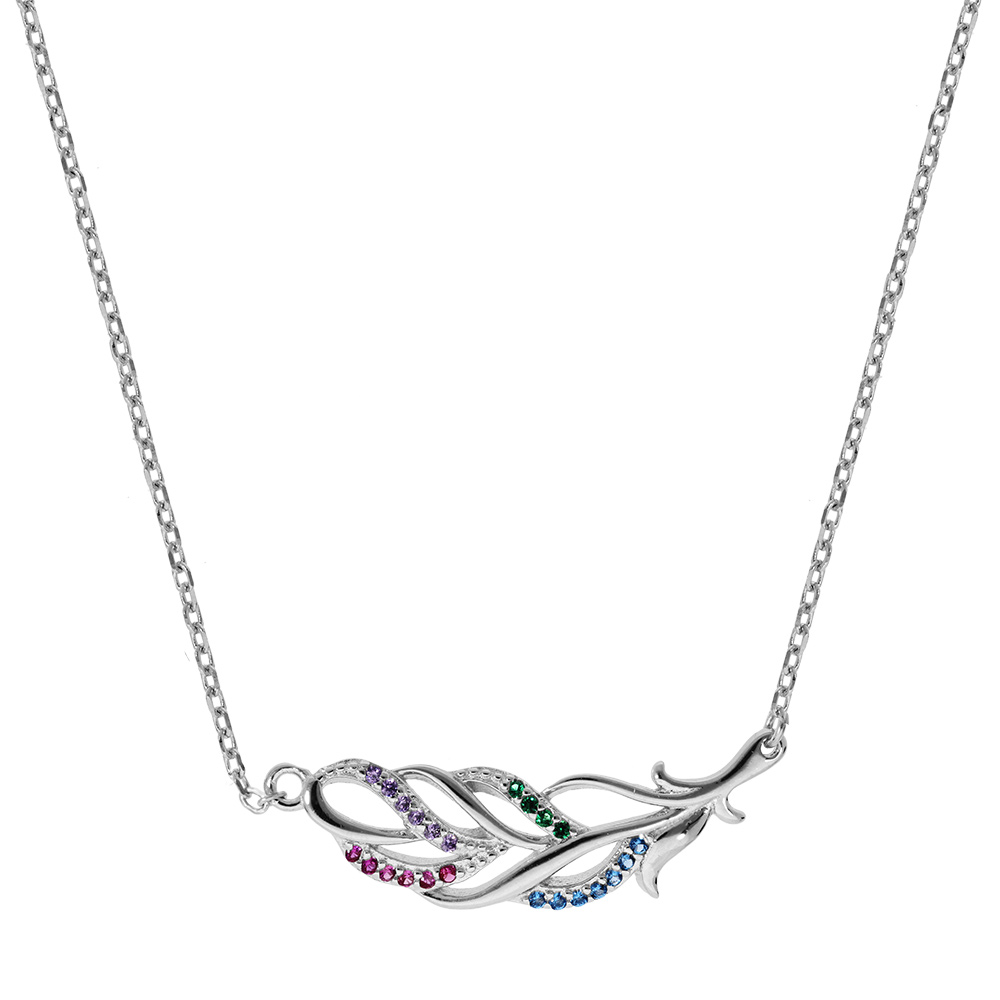 Collier en argent rhodi� cha�ne avec feuillage avec oxydes multi couleurs longueur 40+4cm - Vue 1