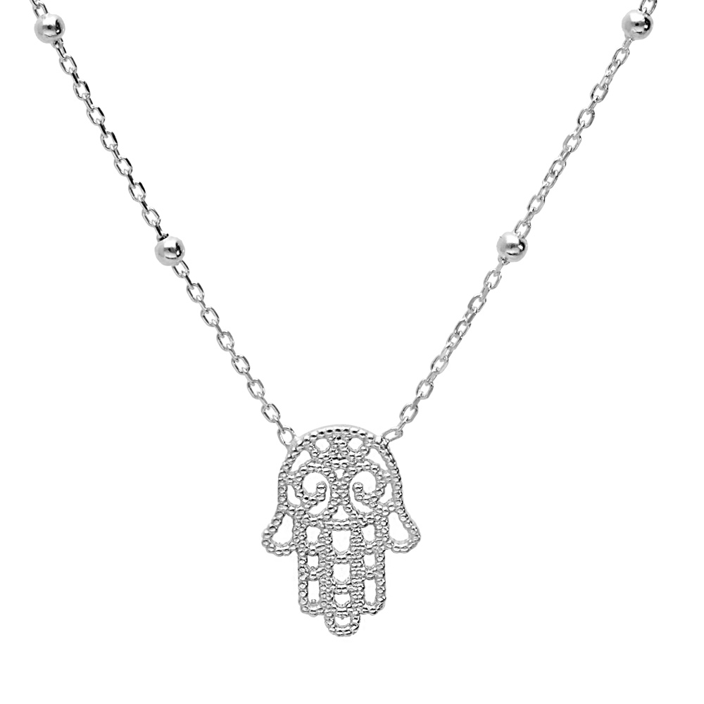 Collier en argent rhodi� cha�ne avec fine boules et main de Fatma 38+5cm - Vue 1