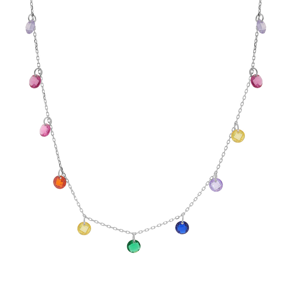 Collier en argent rhodi� cha�ne avec gouttes de pierres multi couleurs r�glable 40,42 et 44cm - Vue 1