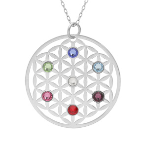 Collier en argent rhodi chane avec grand pendentif fleur de vie oxydes multi couleurs 40+5cm - Vue 1