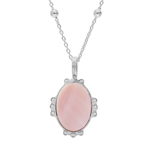 Collier en argent rhodi chane avec mdaille ovale 14mm perle pierre naturelle Nacre rose 38+5cm - Vue 1