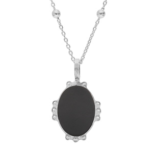 Collier en argent rhodi chane avec mdaille ovale 14mm perle pierres naturelles Agate noire 38+5cm - Vue 1