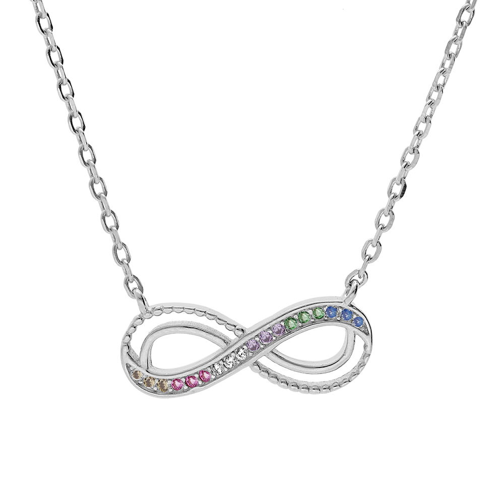 Collier en argent rhodi� cha�ne avec motif infini et oxydes multi couleurs sertis 44cm r�glable 42 et 40cm - Vue 1