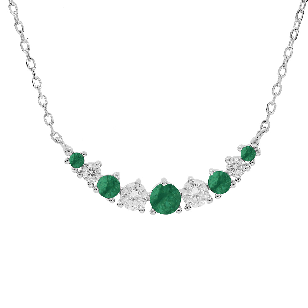 Collier en argent rhodi� cha�ne avec oxydes blancs et vert fonc� sertis 42+3cm - Vue 1