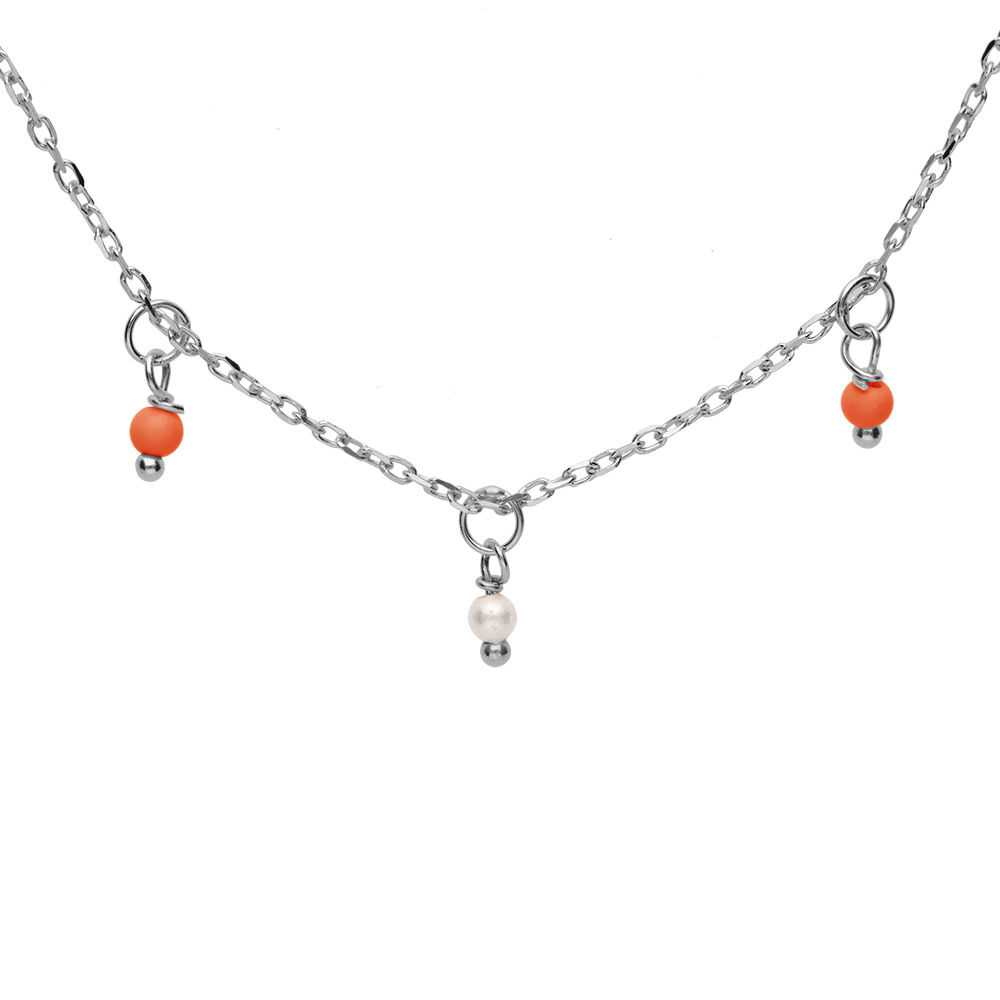 Collier en argent rhodi� cha�ne avec pampilles boules empierr�es rouges et blanches 40+5cm - Vue 1