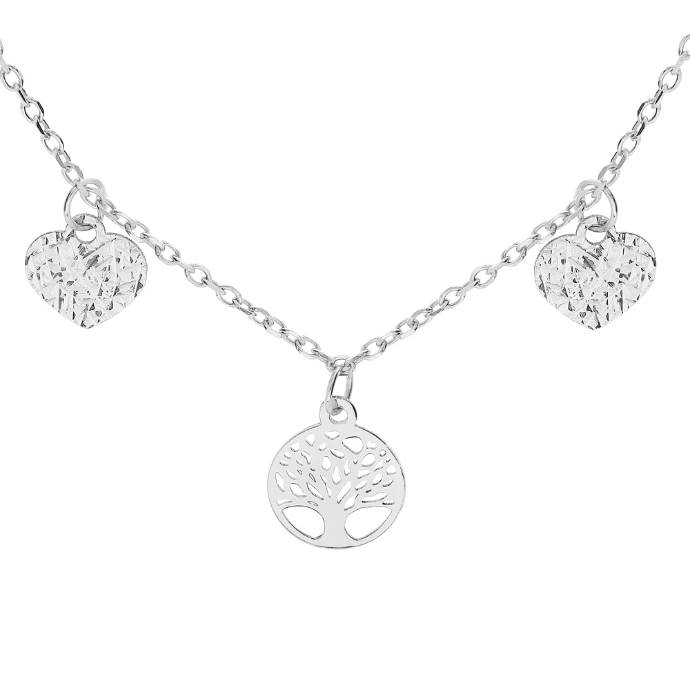 Collier en argent rhodi� cha�ne avec pampilles coeur diamant� et arbre de vie 40+4cm - Vue 1