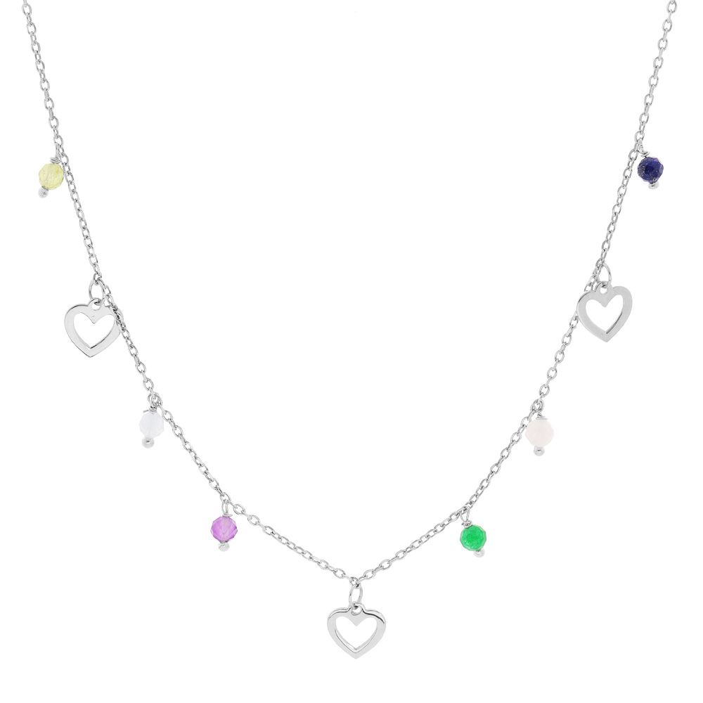 Collier en argent rhodi� cha�ne avec pampilles coeurs �vid�s et perles facet�es 40+4cm - Vue 1