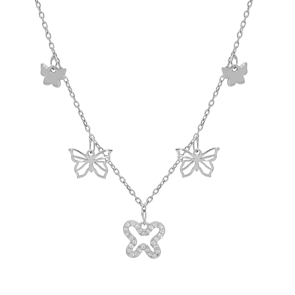 Collier en argent rhodi� cha�ne avec pampilles papillon 40+5cm - Vue 1