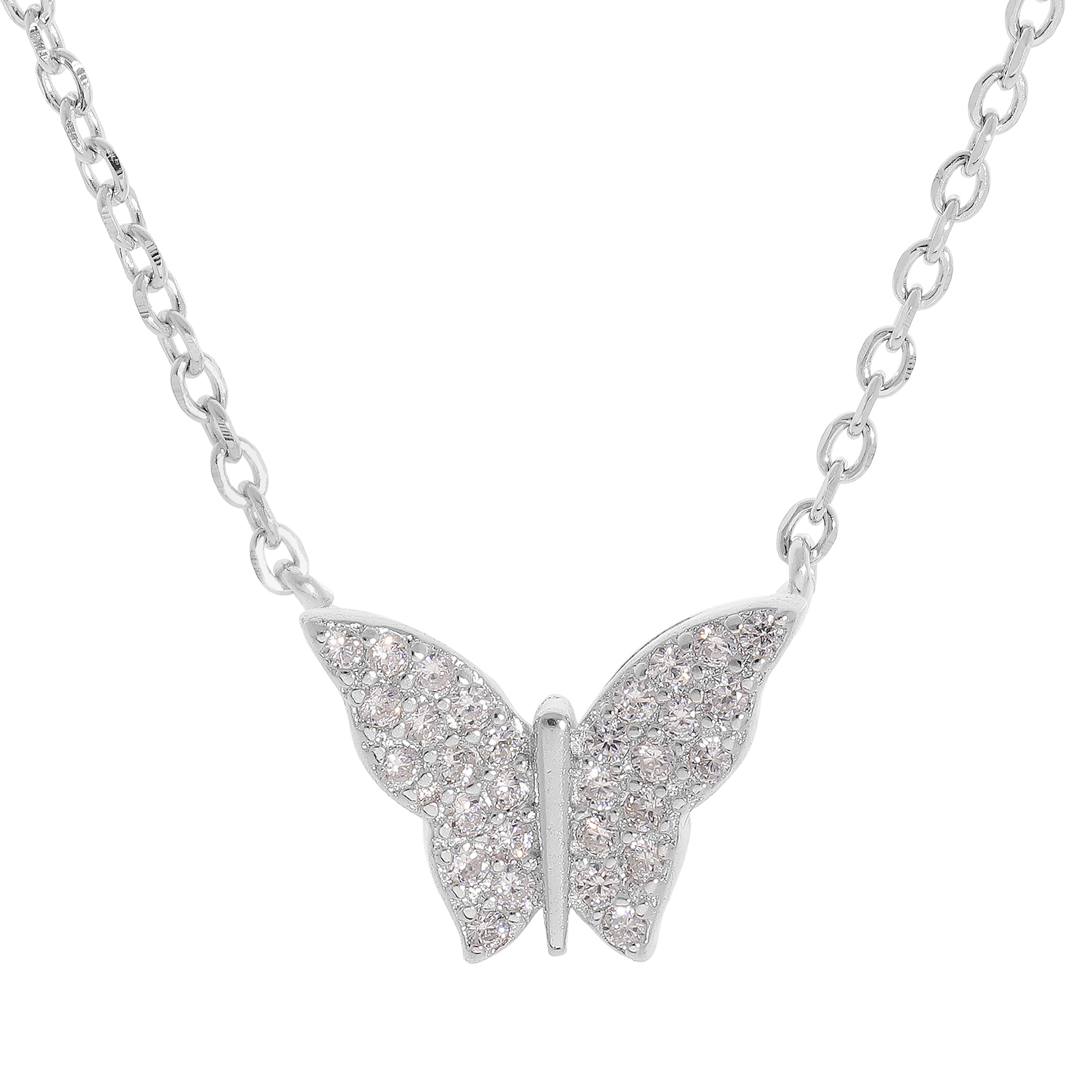 Collier Argent Zircone Rose 2 Pierres Rhodie Papillon 32 38 Cm 599224