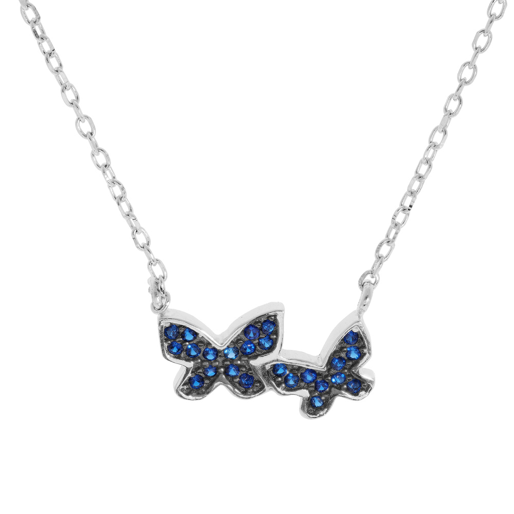Collier en argent rhodi� cha�ne avec papillons en oxydes bleu fonc� 42+3cm - Vue 1