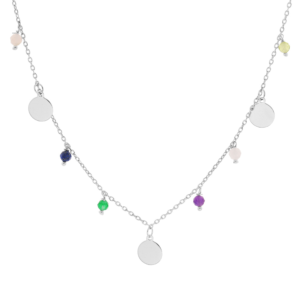 Collier en argent rhodi� cha�ne avec pastilles lisses et perles facet�es 40+4cm - Vue 1