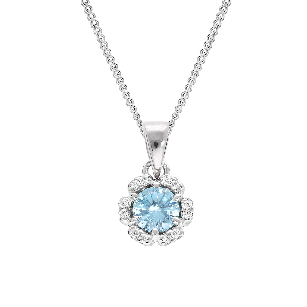 Collier en argent rhodi� cha�ne avec pendentif 5mm fleur avec oxydes bleu ciel et blancs sertis longueur 42+3cm - Vue 1