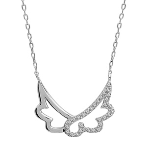 Collier en argent rhodié chaîne avec pendentif 2 ailes longues, 1 lisse et l\'autre ornée d\'oxydes blancs - longueur 40cm + 4cm de rallonge - Vue 1