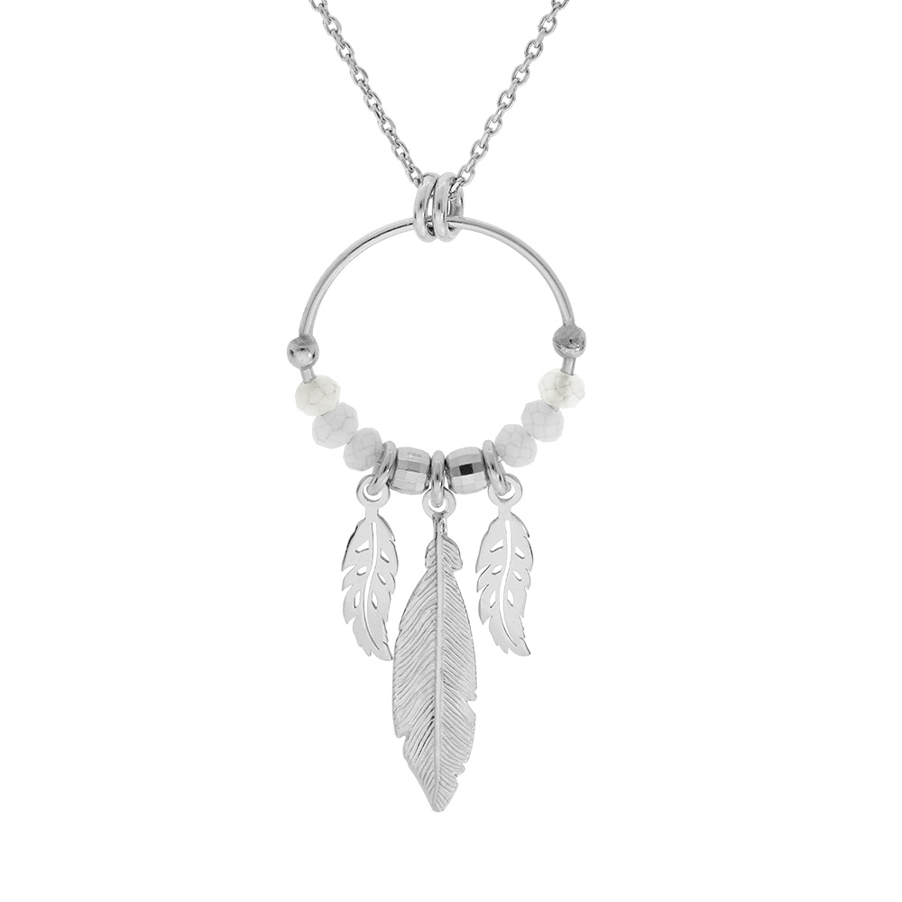 Collier en argent rhodi� cha�ne avec pendentif anneau 15mm avec boules blanches et pampilles plumes 40+4cm - Vue 1