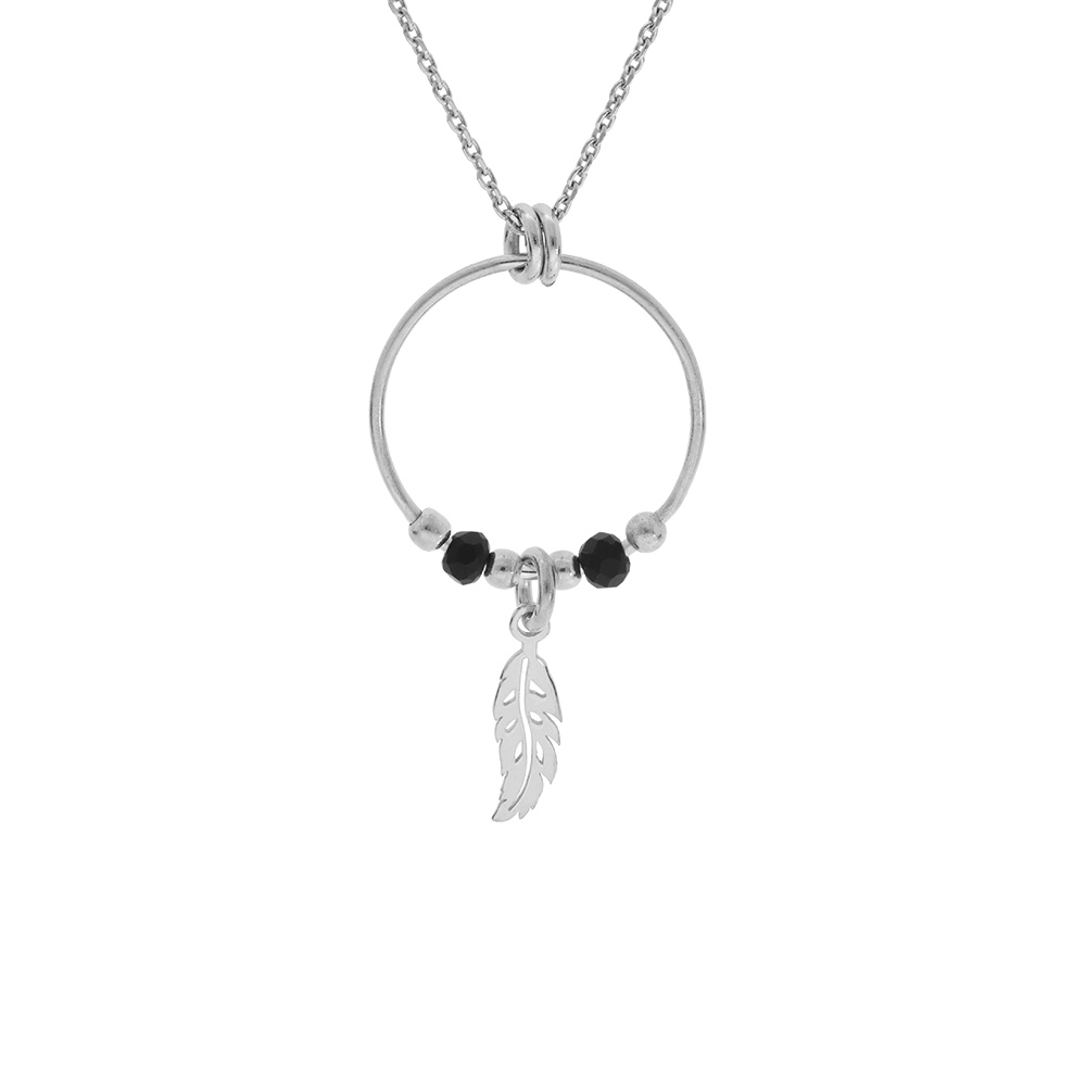 Collier en argent rhodi� cha�ne avec pendentif anneau 15mm avec boules lisses noires et pampille plume 40+4cm - Vue 1