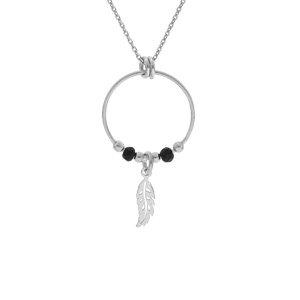 Collier en argent rhodi chane avec pendentif anneau 15mm avec boules lisses noires et pampille plume 40+4cm - Vue 1