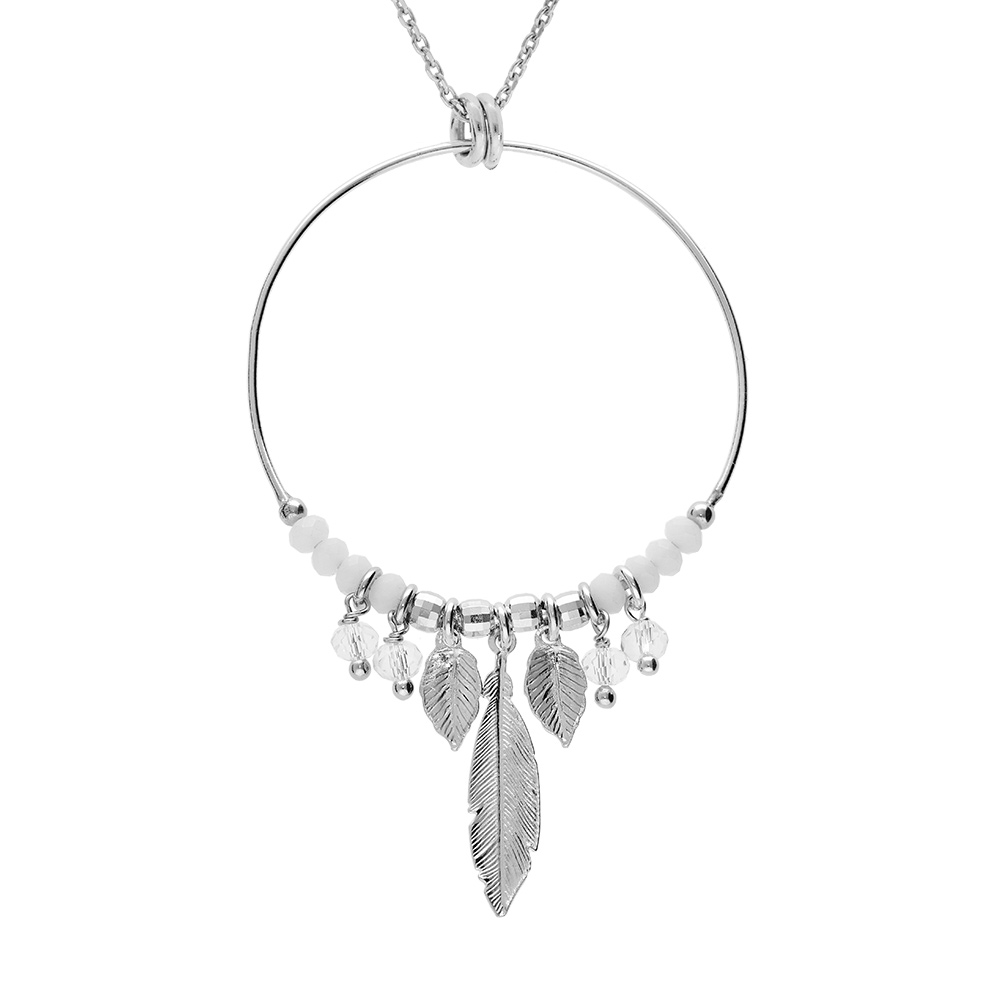 Collier en argent rhodi� cha�ne avec pendentif anneau 35mm avec boules diamant�es et blanches pampille transparentes 40+4cm - Vue 1