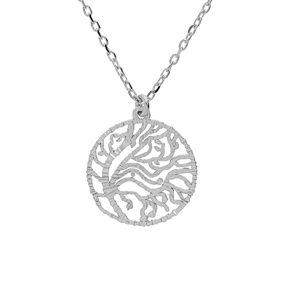 Collier en argent rhodi� cha�ne avec pendentif anneau ajour�e 23mm motif v�g�tal 40+5cm - Vue 1